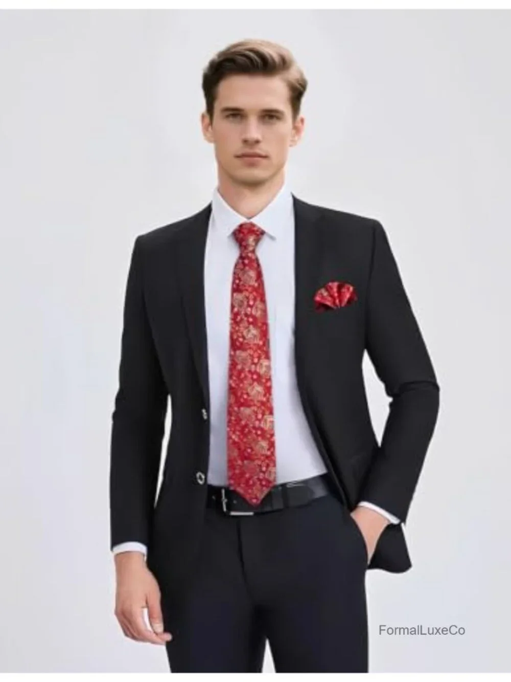 Mens Silk Floral Necktie Set with Pocket Square, Cufflinks & Tie Clip